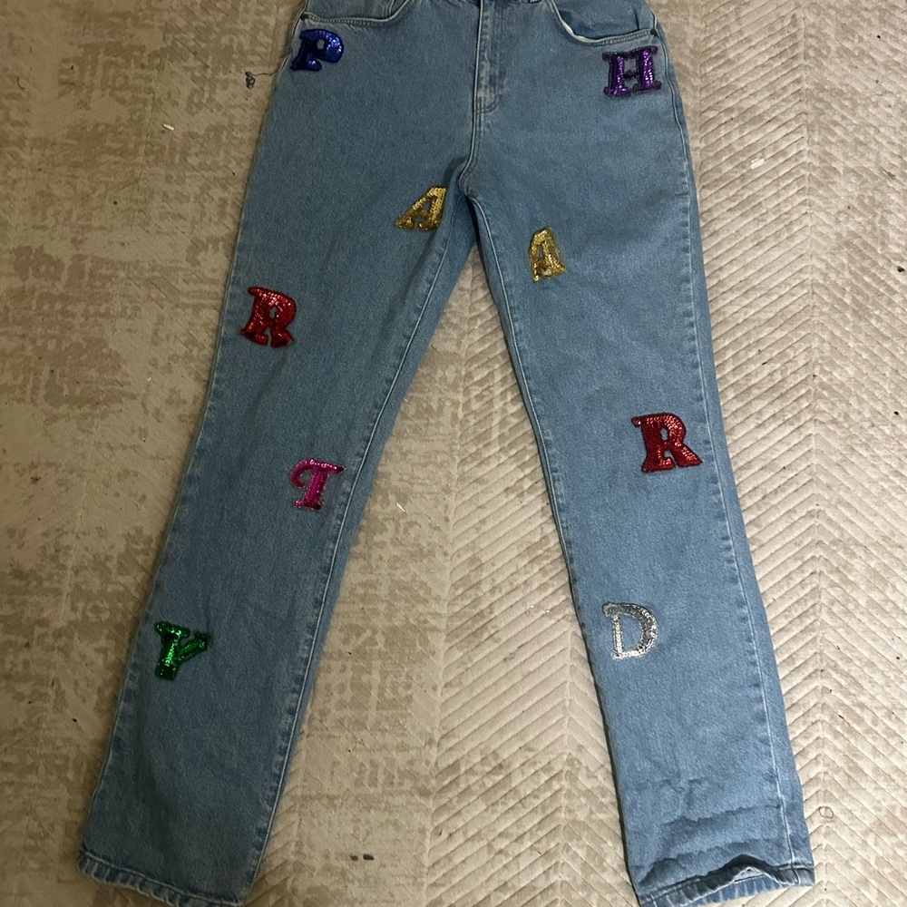 Ragged Stylish Blue Jeans with Colorful Embroidery